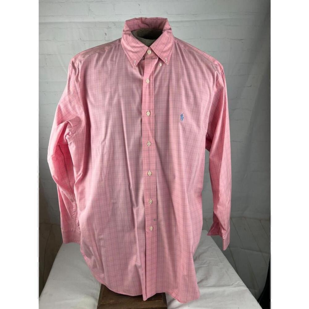 Ralph Lauren Yarmouth Mens 17-34/35 Button Up Dress Shirt Pink Plaid Long Sleeve